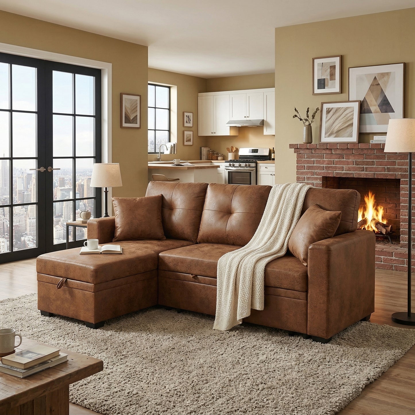 Light Brown Sectional Sofa Bed with Reversible Chaise & Storage