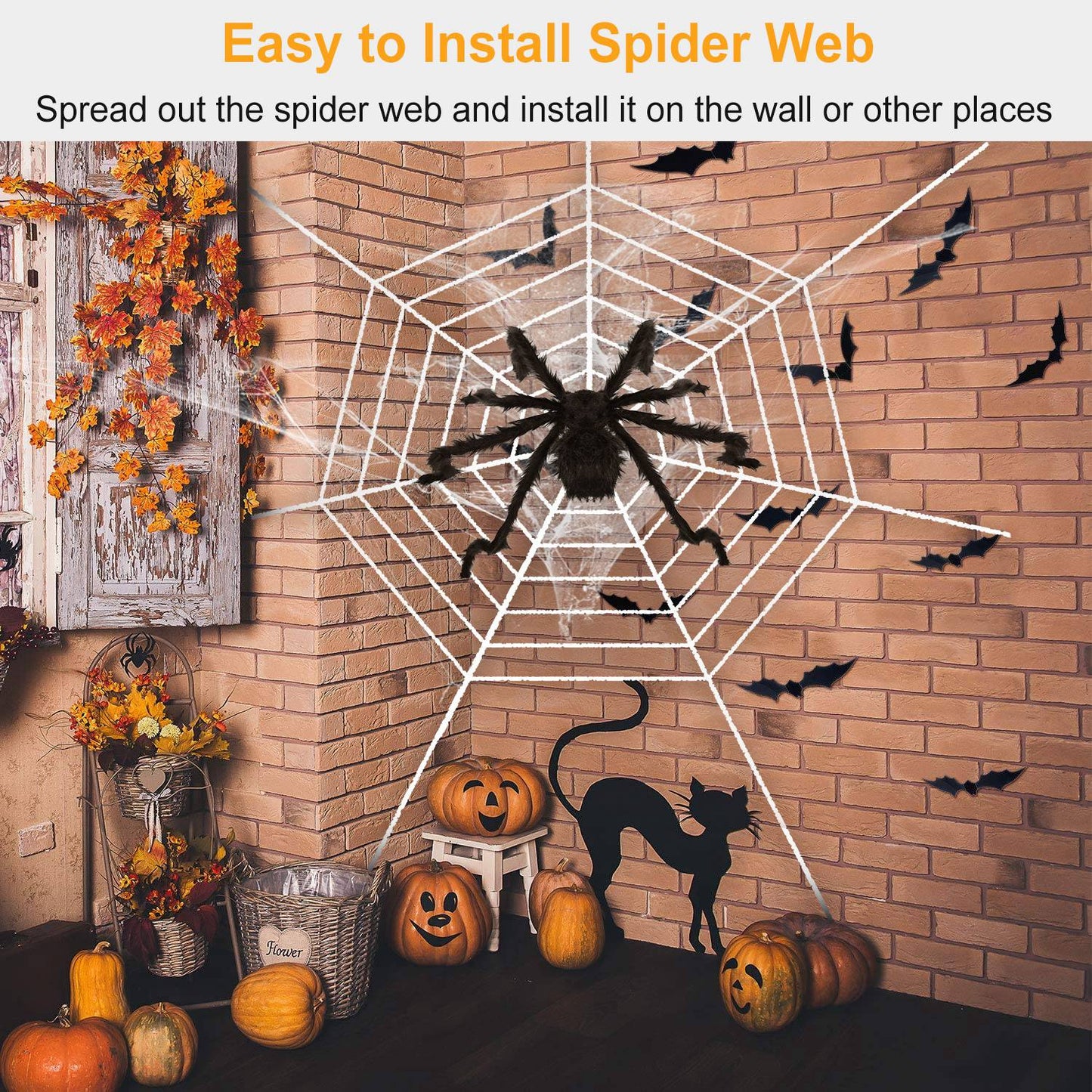 49-Inch Halloween Spider Decoration with 126-Inch Stretch Web - Black