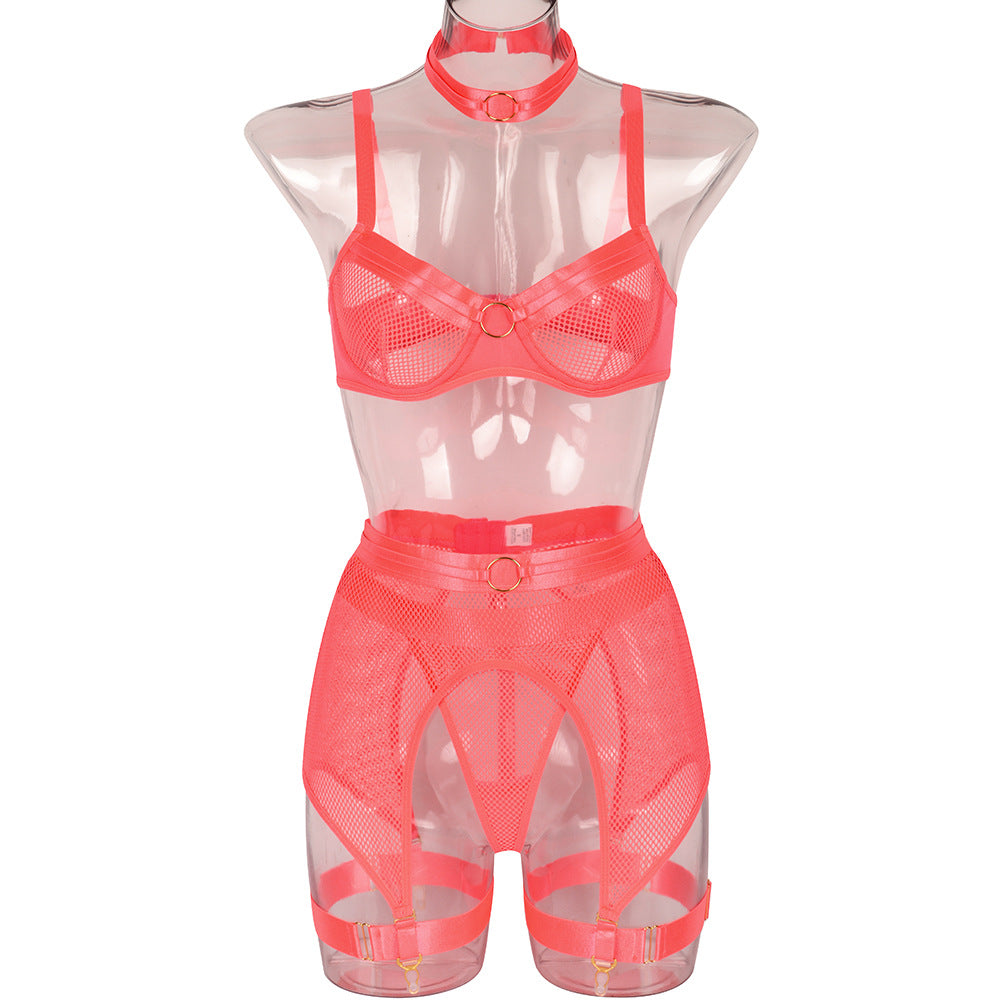 Women's Mesh Stitching Underwear Set with Garter Belt and Halterneck
