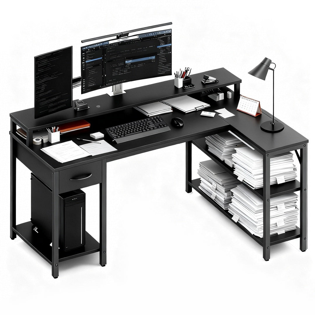 L-Shaped Gaming Table with USB Charging & LED Light