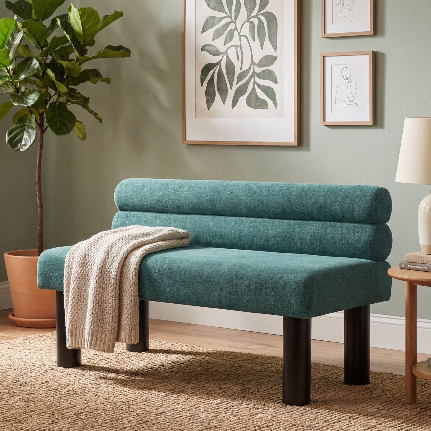 Upholstered Dining Bench with Rubber Wood Legs - Green