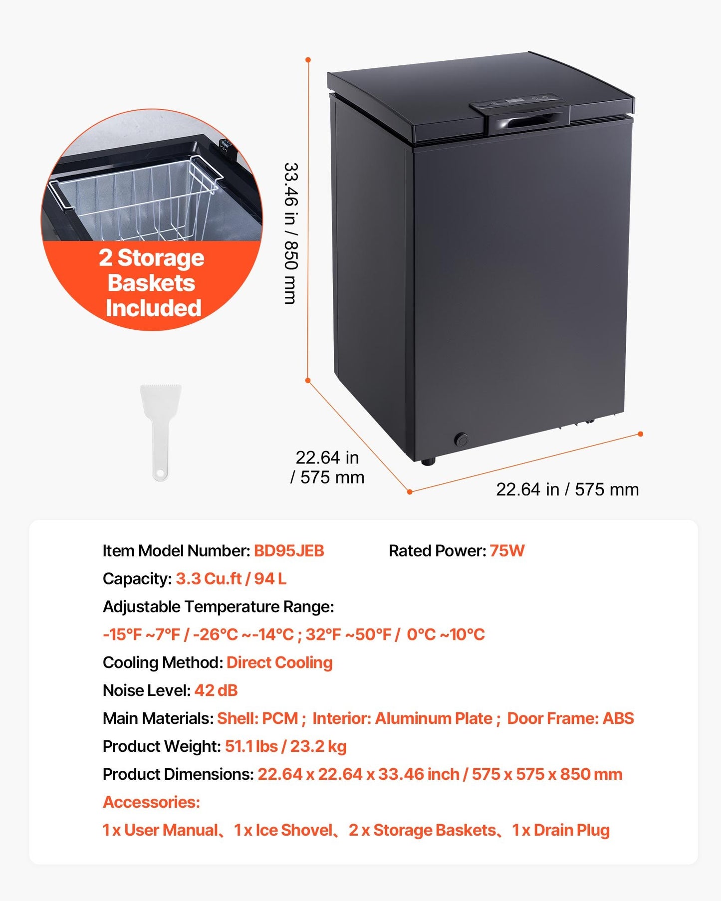 Vevor 3.3 Cu.ft Compact Chest Freezer - Energy Efficient Garage-Ready Freezer with Baskets