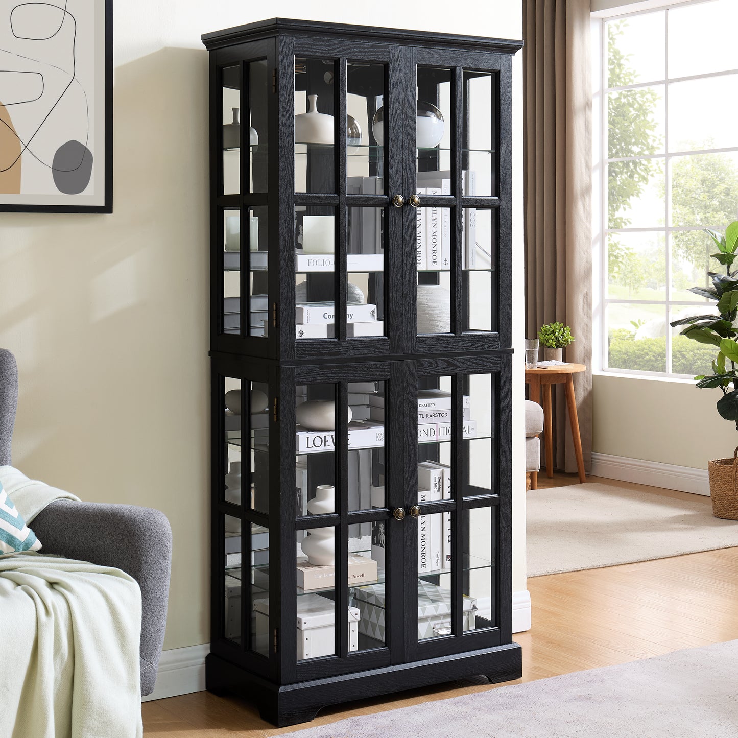 Antique Curio Display Cabinet with Glass Doors and Adjustable Shelves - Black