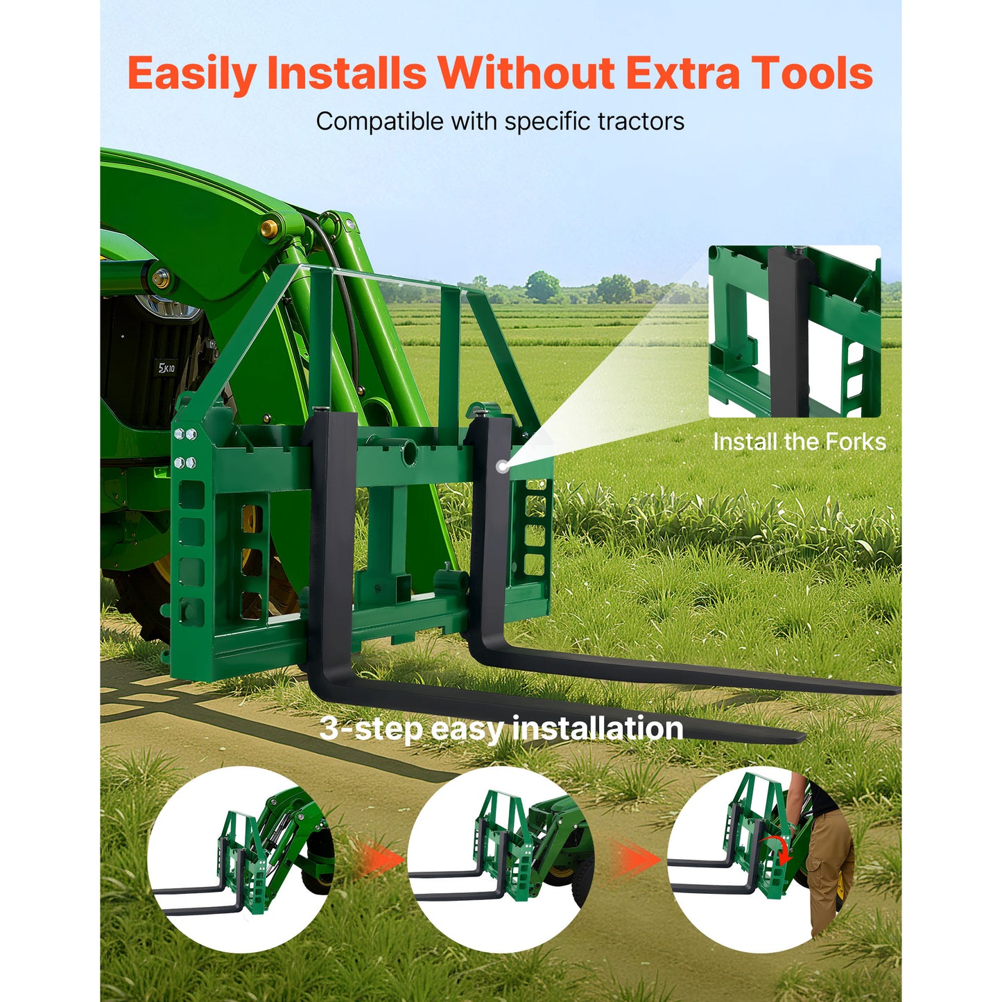 Pallet Fork Frame Attachment with 36-Inch Skid Steer Forks for Tractors