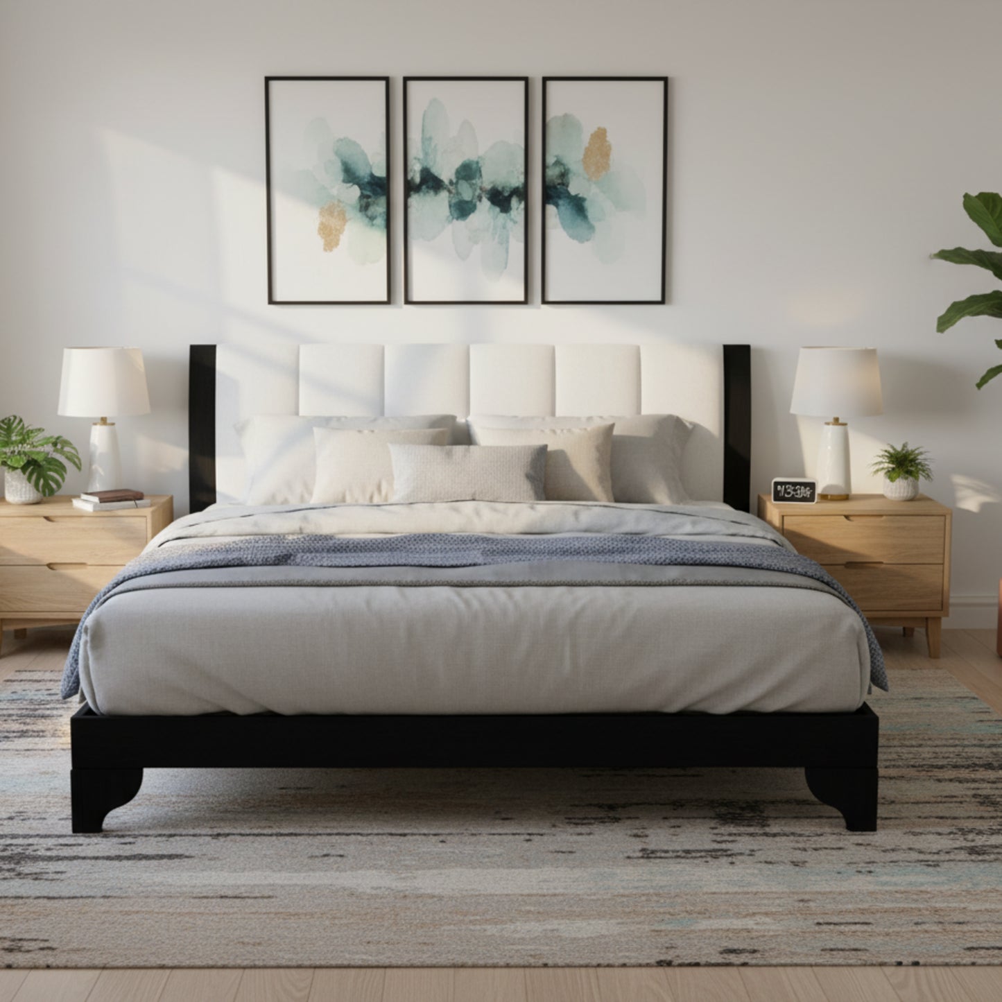 Queen Size Bed Frame - Black & White Pine, Modern Design, No Box Spring