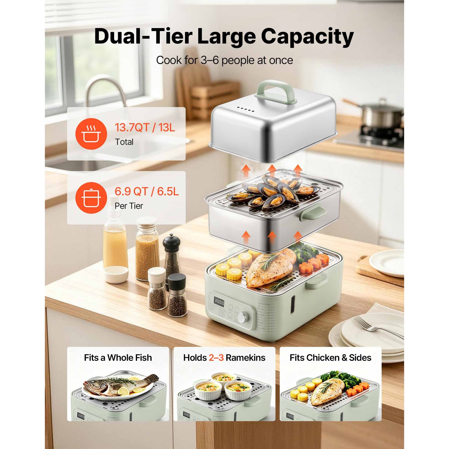 Electric Food Steamer 13.7 QT 2-Tier Stainless Steel Vegetable & Seafood Cooker