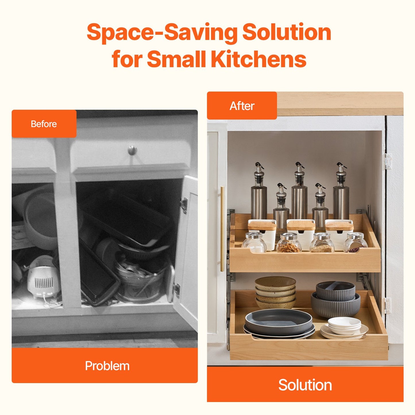 2-Tier Pull-Out Cabinet Organizer - Soft Close Wooden Drawer
