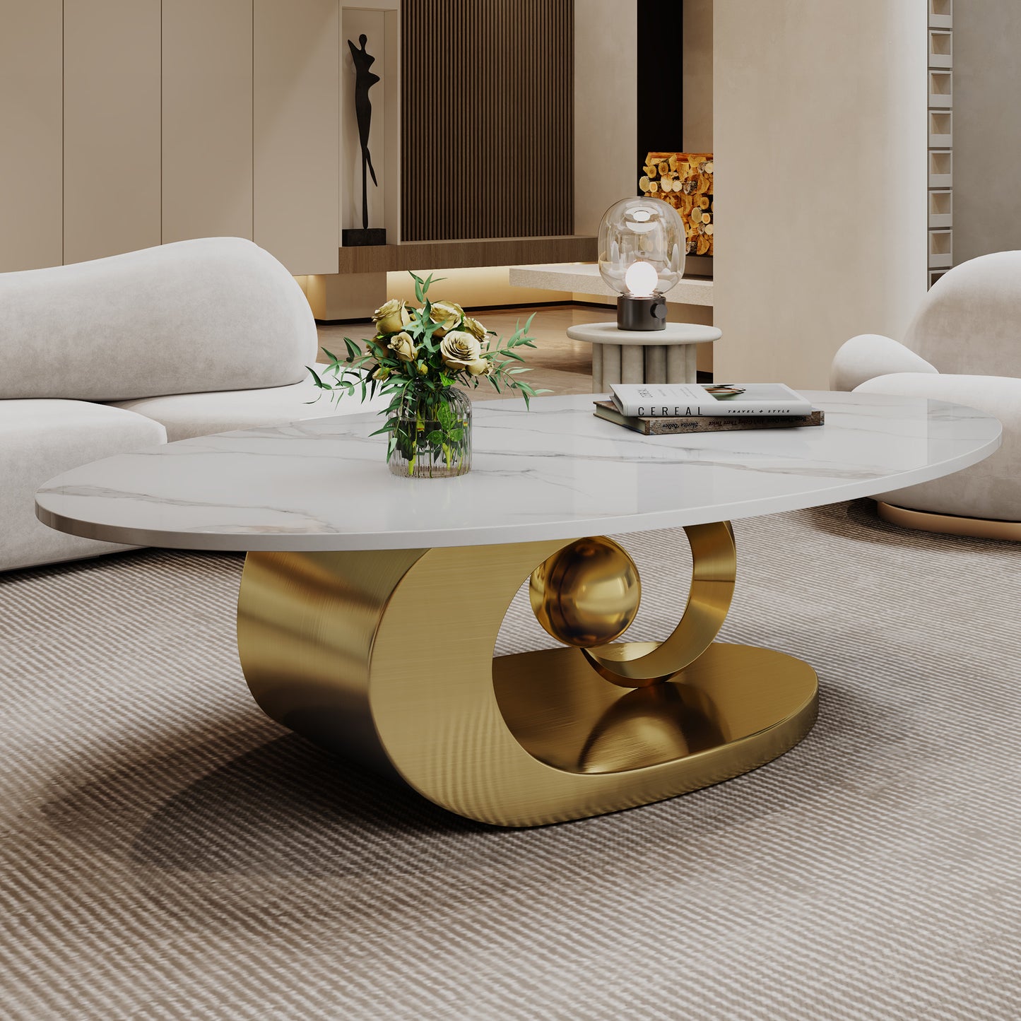 Contemporary Faux Marble Coffee Table with Stainless Steel Base - Gold & White