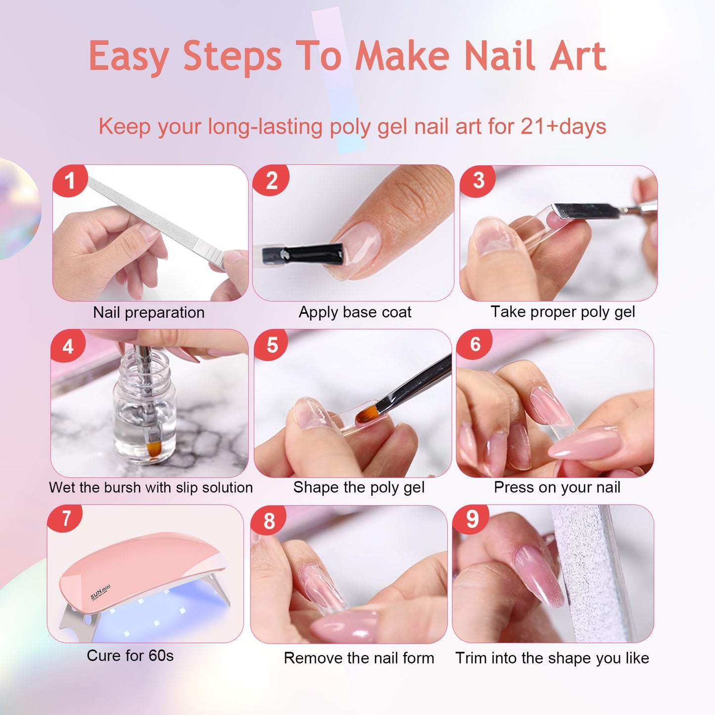 6-Color Poly Gel Nail Extension Kit with UV LED Lamp and Manicure Tools