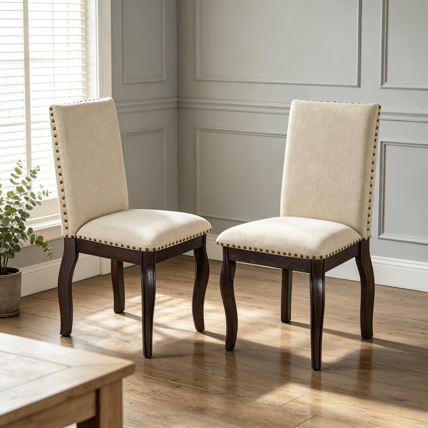 Set of 2 Wood Upholstered Dining Chairs with Nailhead - Espresso
