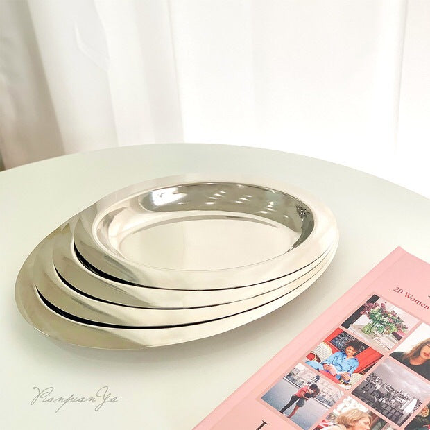 Oval Stainless Steel Serving Tray - Modern Glossy Breakfast Bread Plate, Multiple Sizes