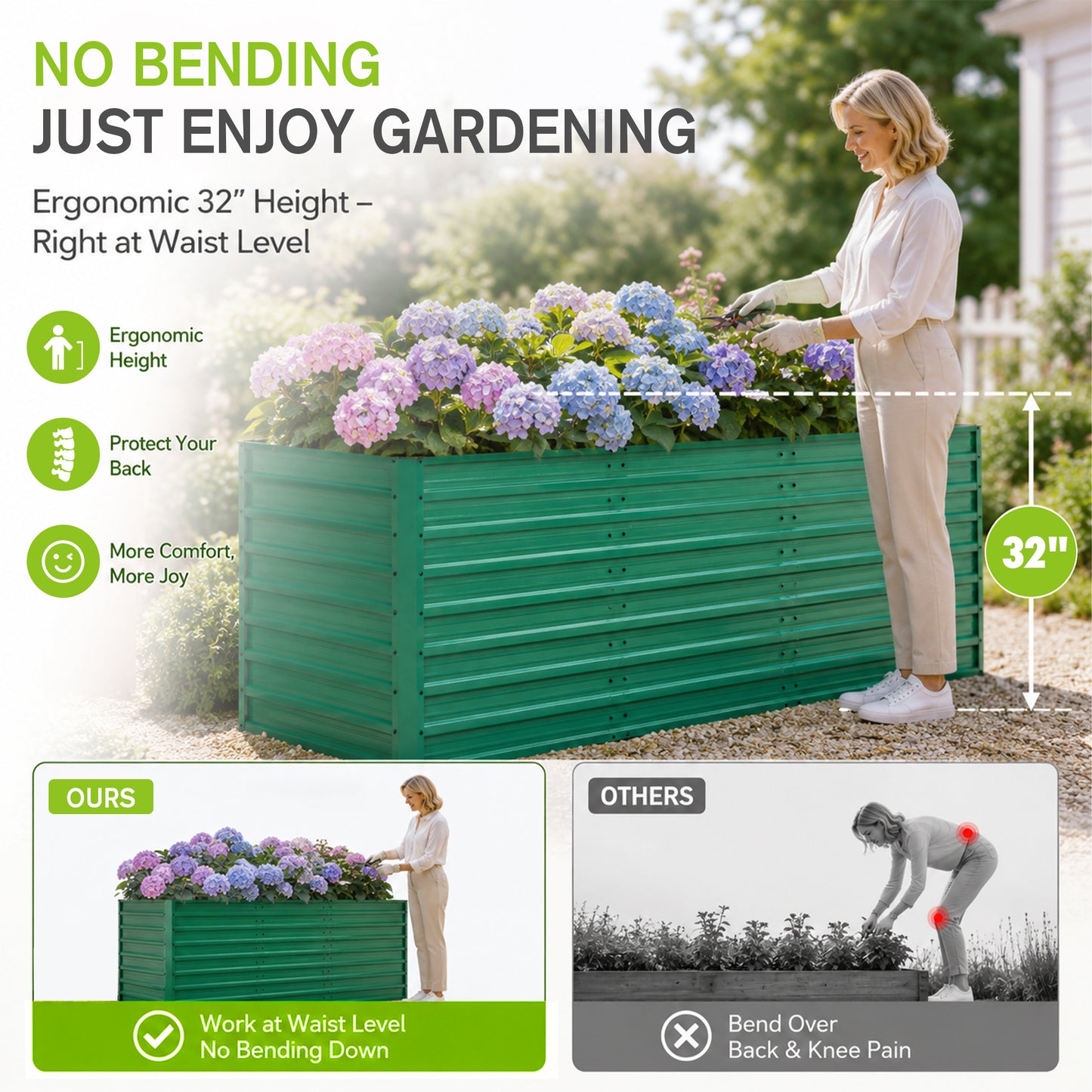 2-Pack Ergonomic Raised Garden Bed - 93.7"x31.5"x32.3" Metal Planter