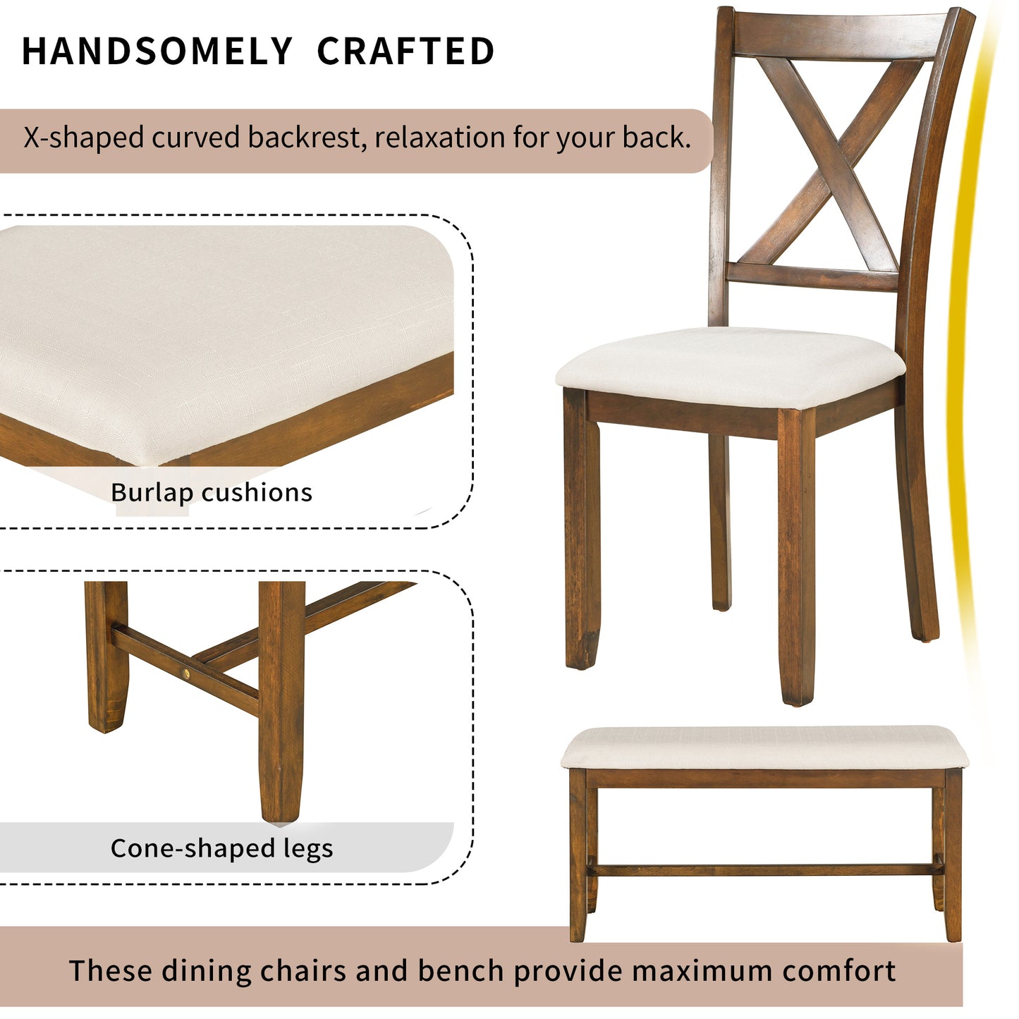 6-Piece Wooden Dining Table Set with Chairs and Bench - Natural Cherry