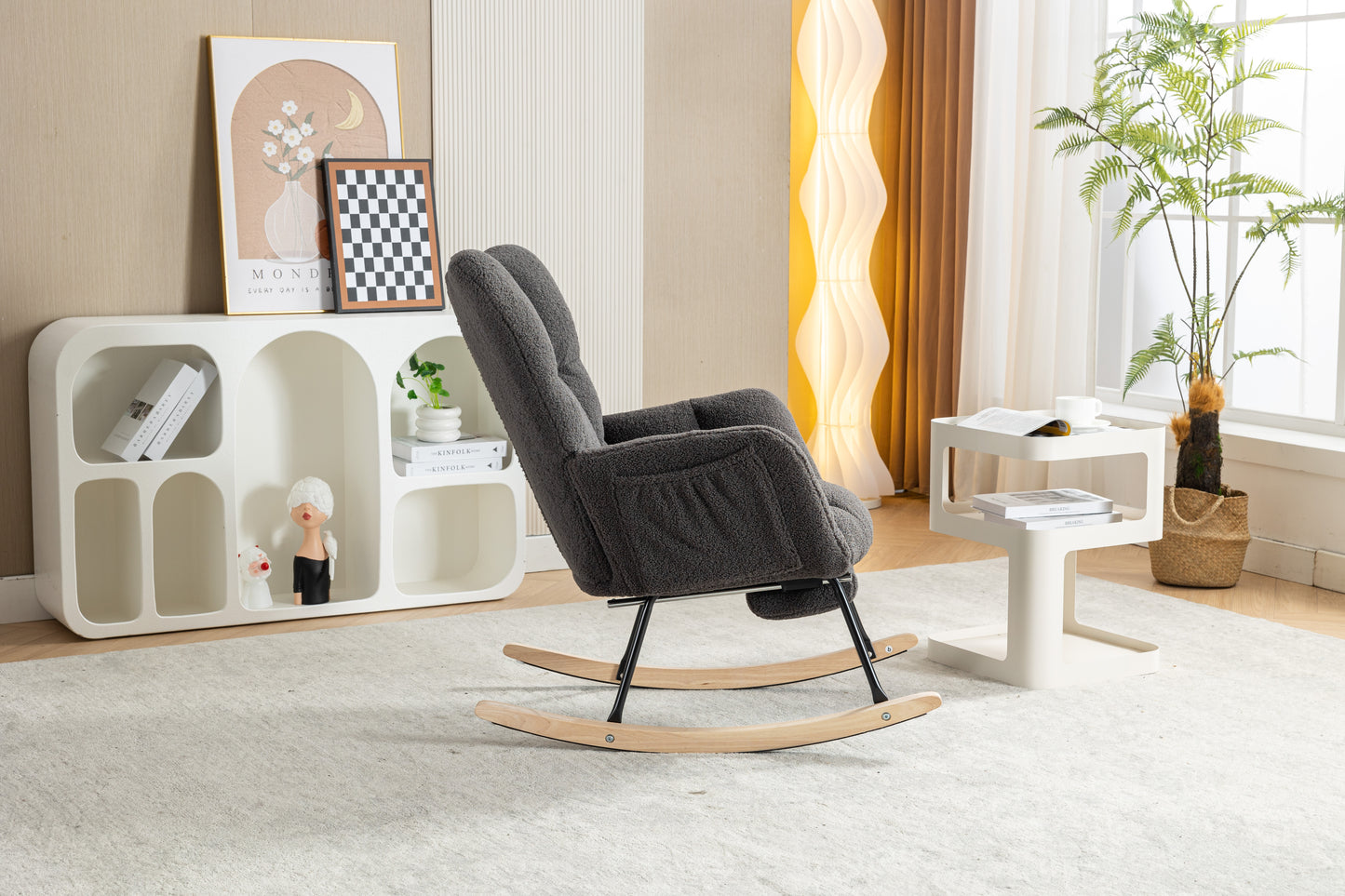 Modern Teddy Fabric Rocking Chair with Adjustable Footstool - Dark Gray