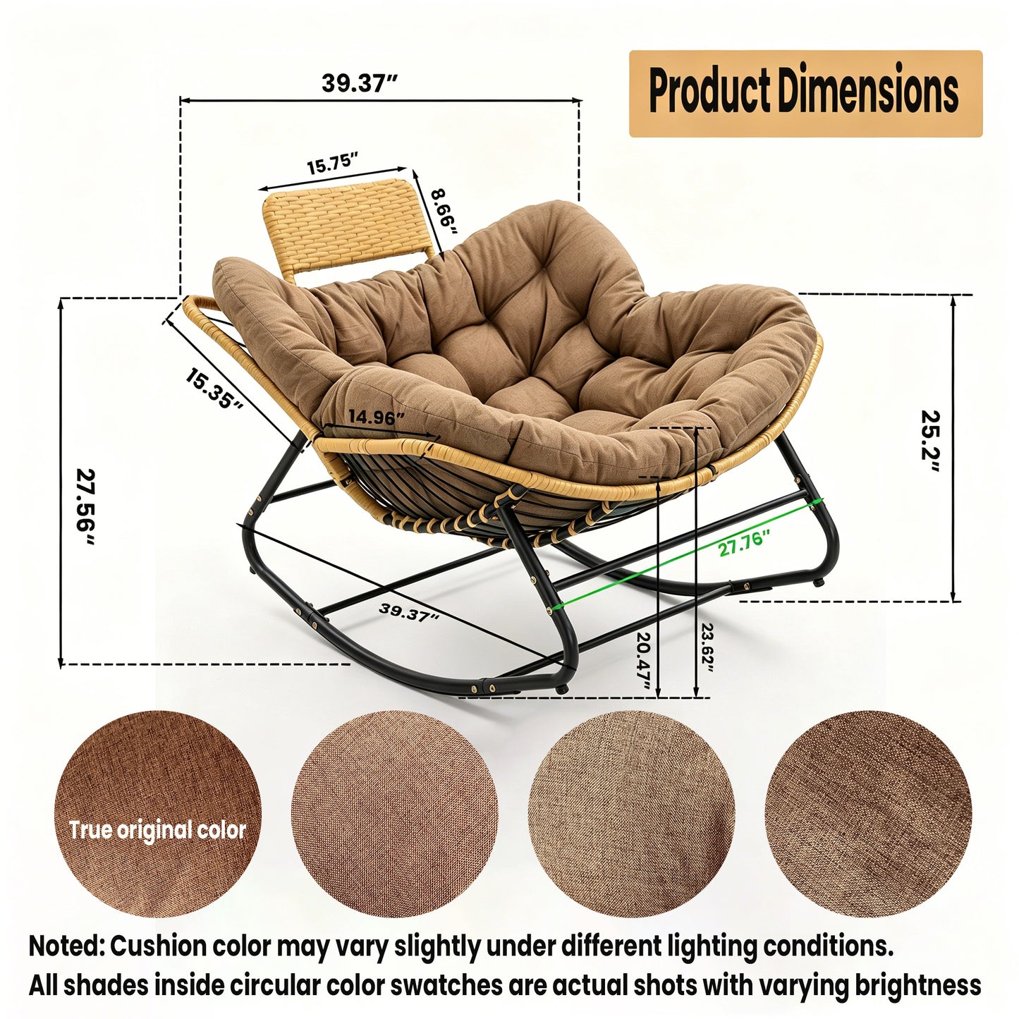 Oversized Papasan Rocking Chair with Thick Cushion - Brown