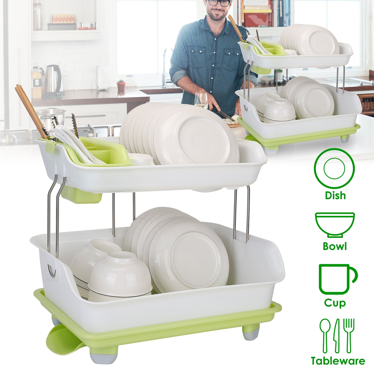 2-Tier Dish Drying Rack and Cutlery Drainer - Green & White