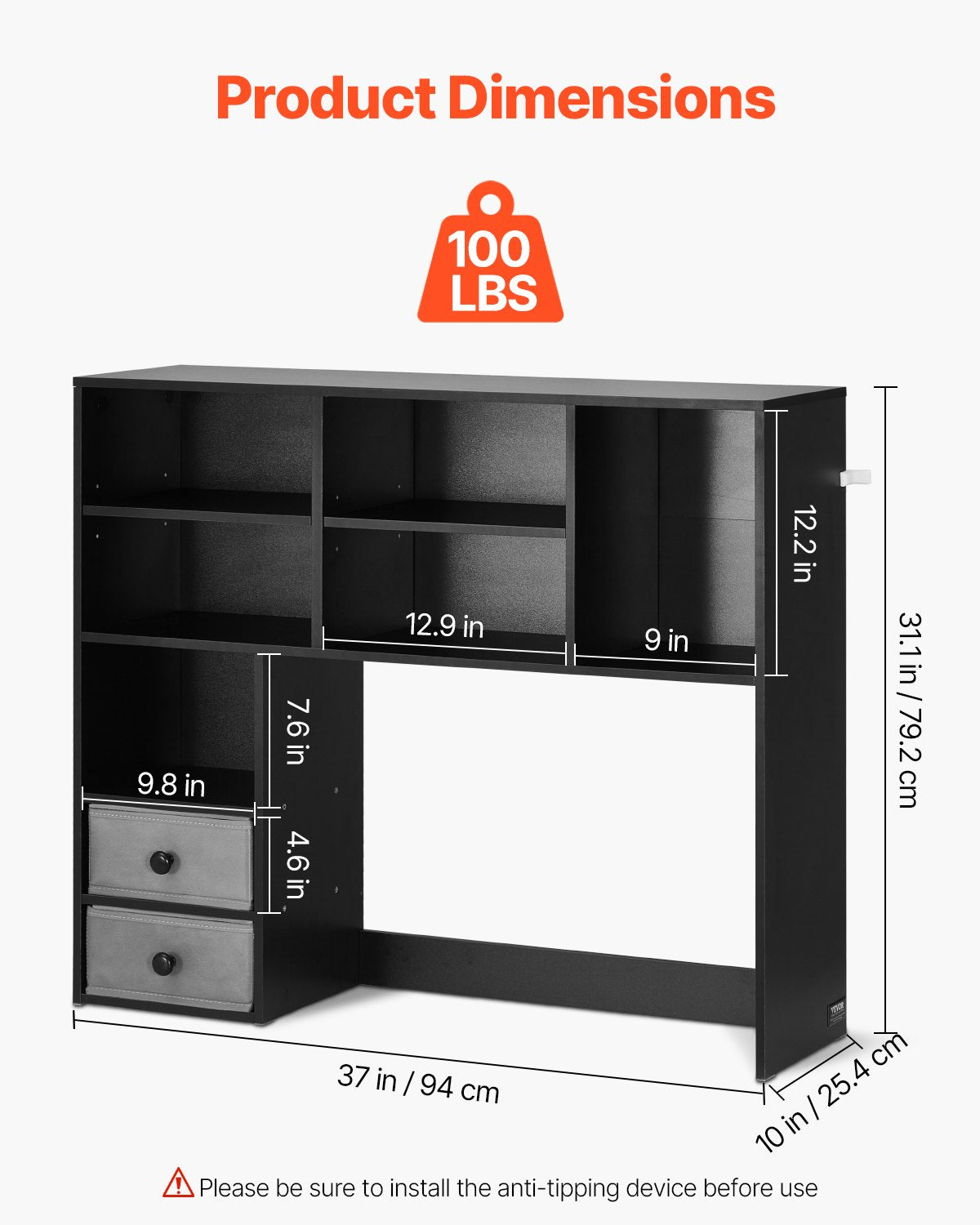 3-Tier Desktop Bookshelf with Fabric Drawers - Black