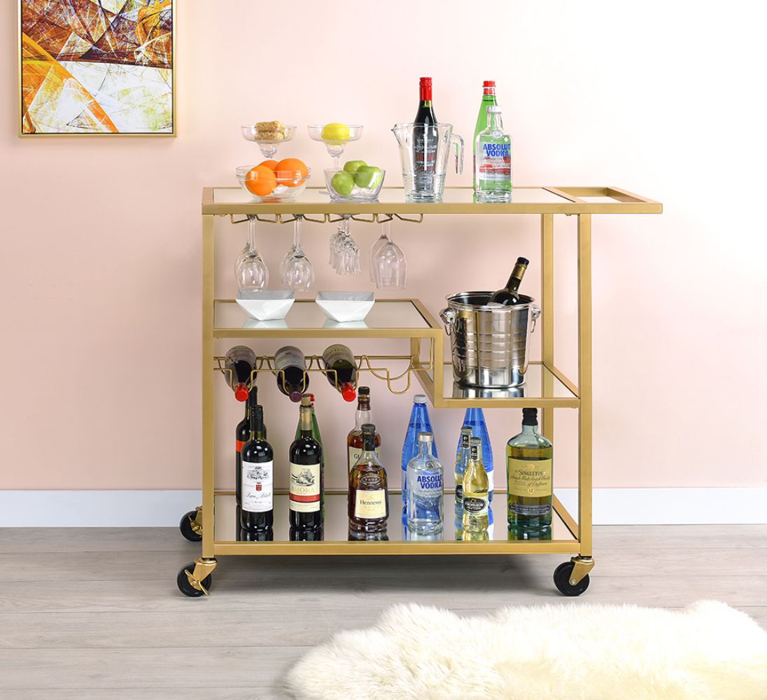 Champagne Finish Mirrored Serving Cart - Stylish Home Furniture