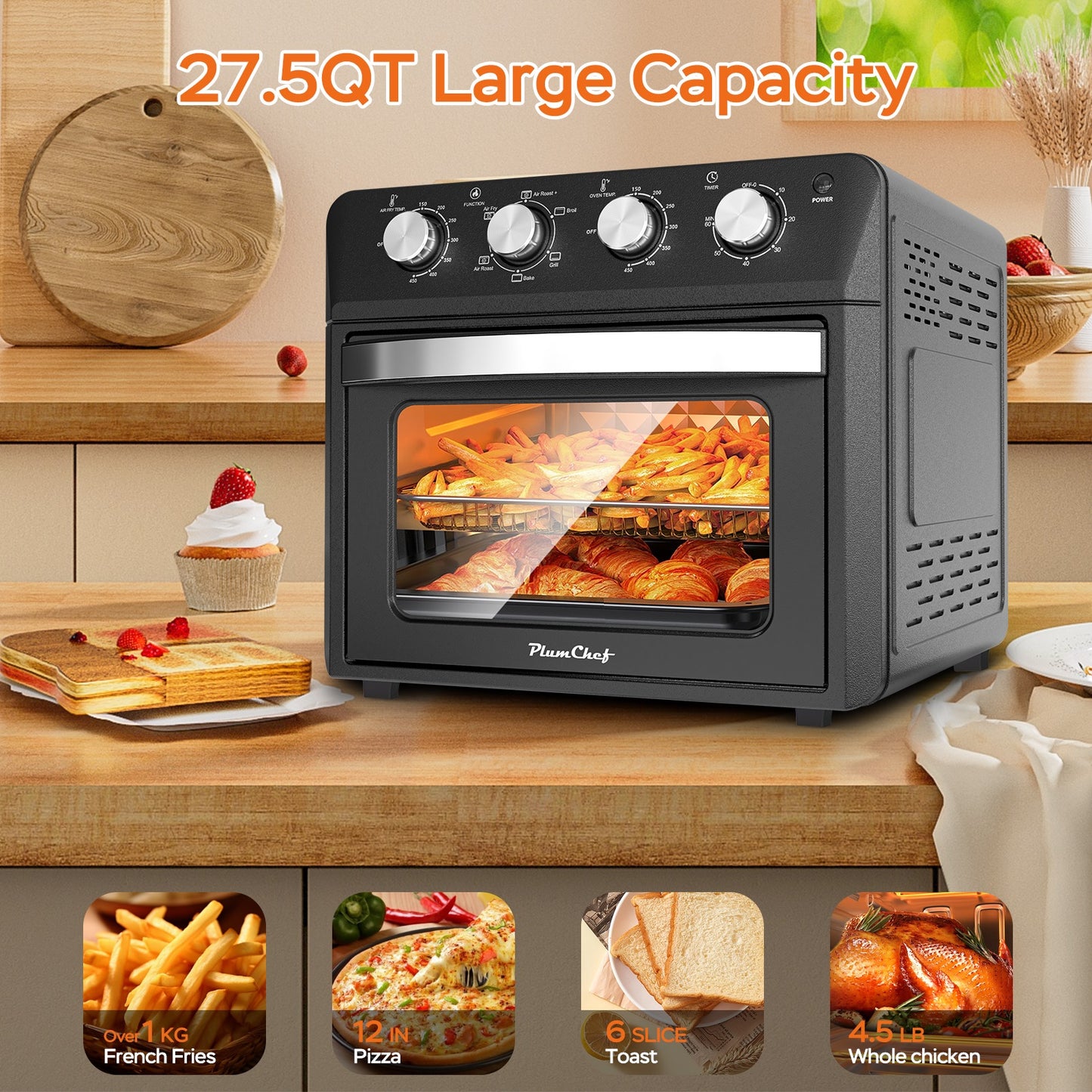 27.5QT 6-in-1 Air Fryer Toaster Oven - Black