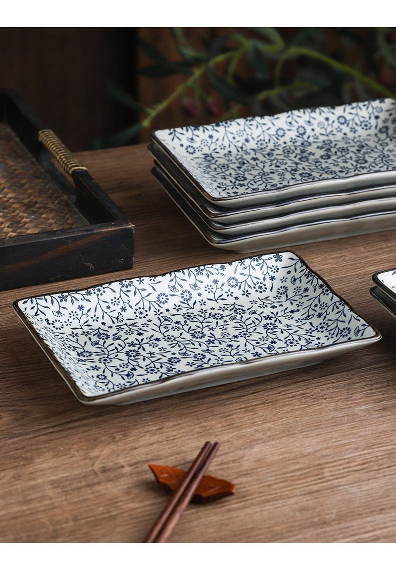 Ceramic Rectangular Plate Set - Antique Under-Glaze Dinnerware for Kitchen