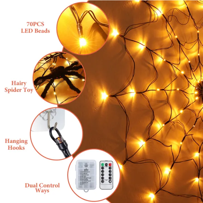 Spider Web String Lights with Hairy Spider Halloween Decor - 3.28FT