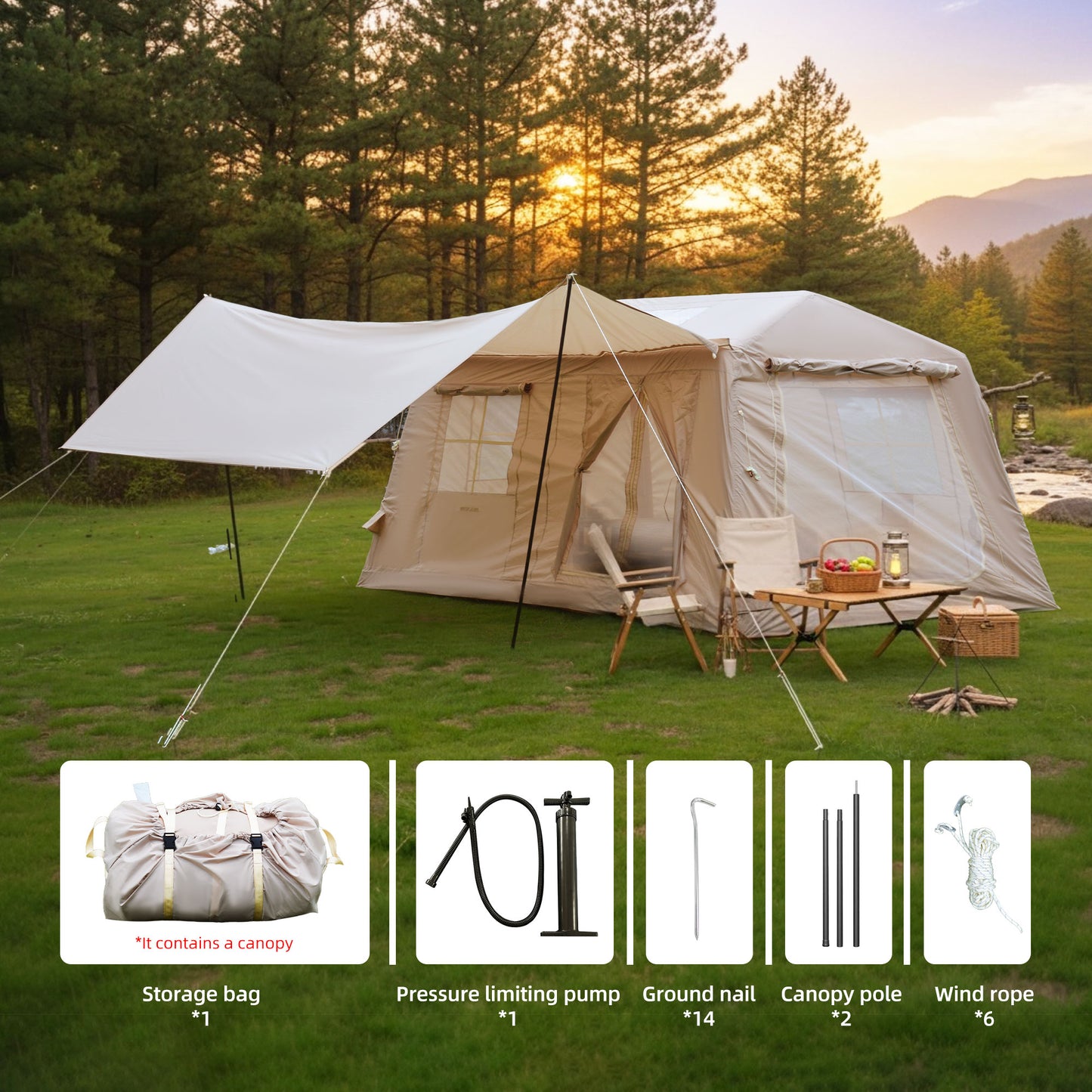 Inflatable Camping Tent for 8-10 People - Beige, Waterproof, Easy Setup