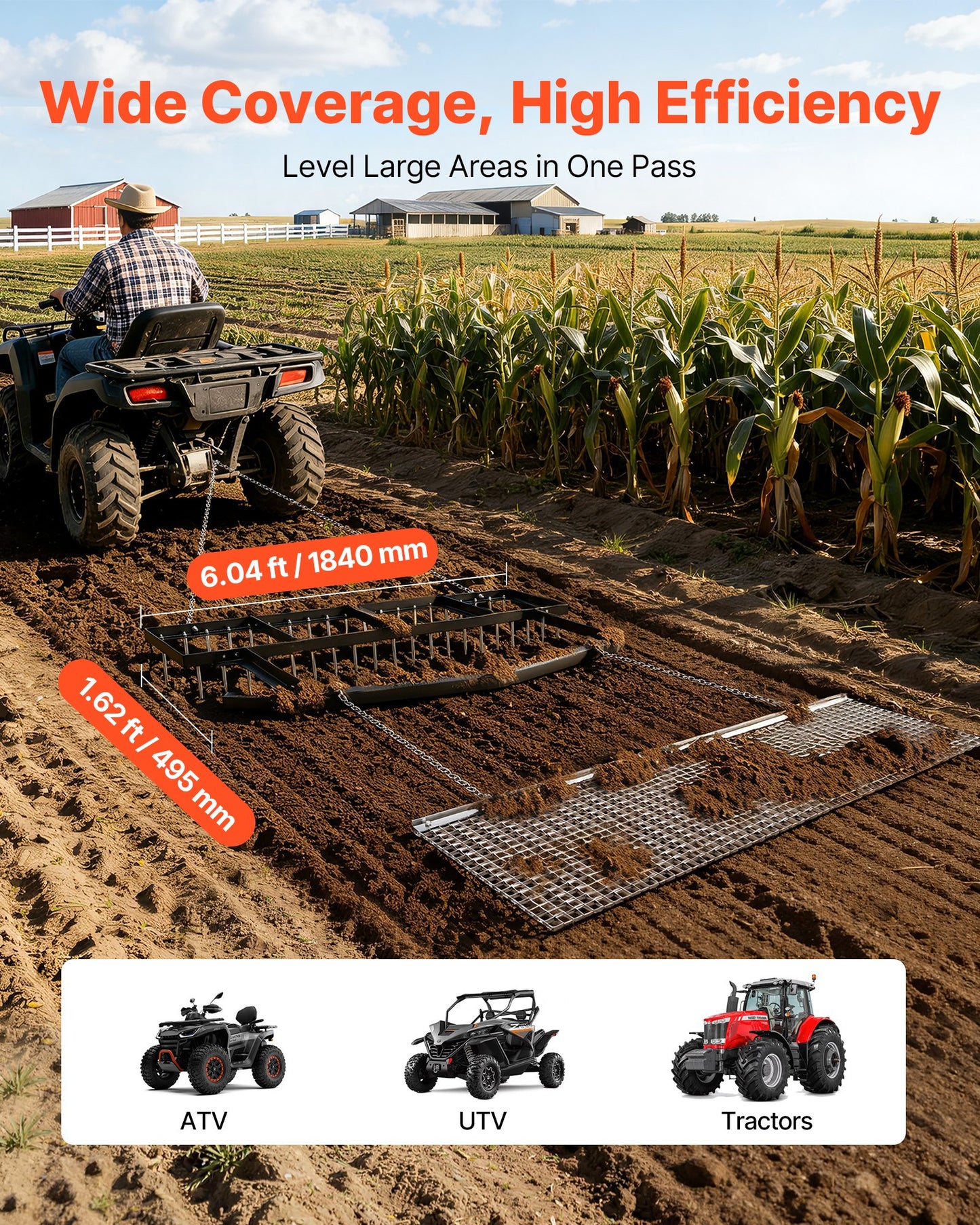 6 Ft Tow-Behind Drag Harrow with Chain, Heavy Duty Steel Lawn Leveler for Gravel Driveways