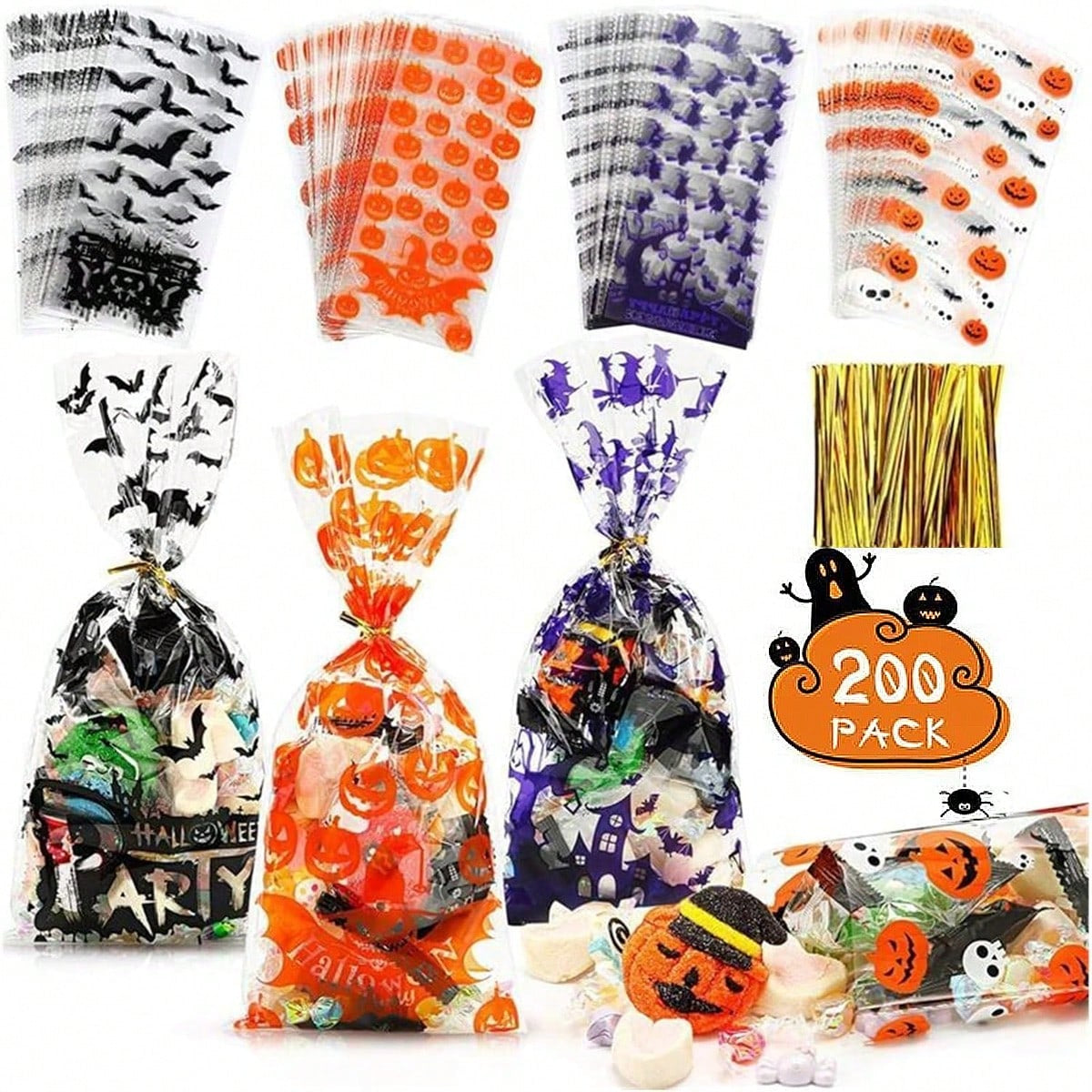 Halloween Gift Wrapping Bags - 200 Pcs Pumpkin & Bat Design
