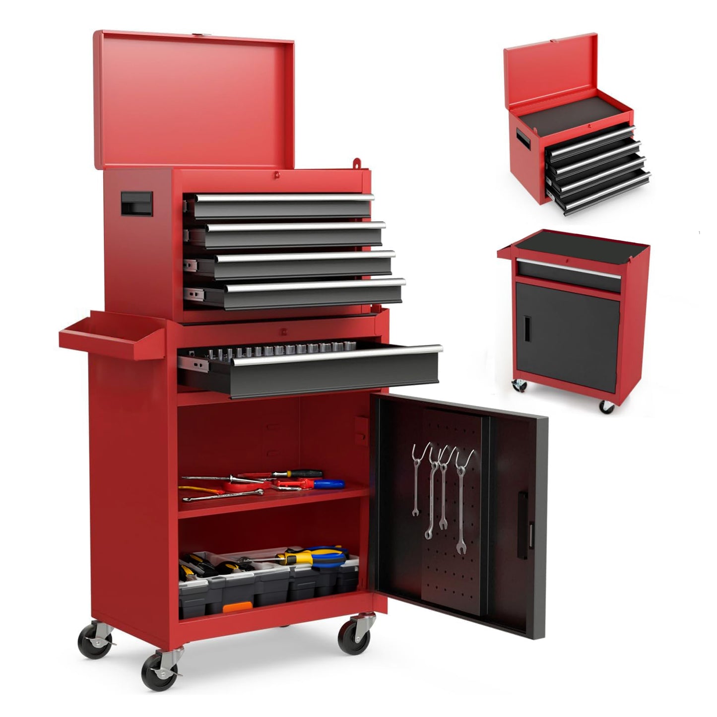 Heavy Duty Metal Tool Storage Cabinet with Lockable Wheels and Detachable Toolbox