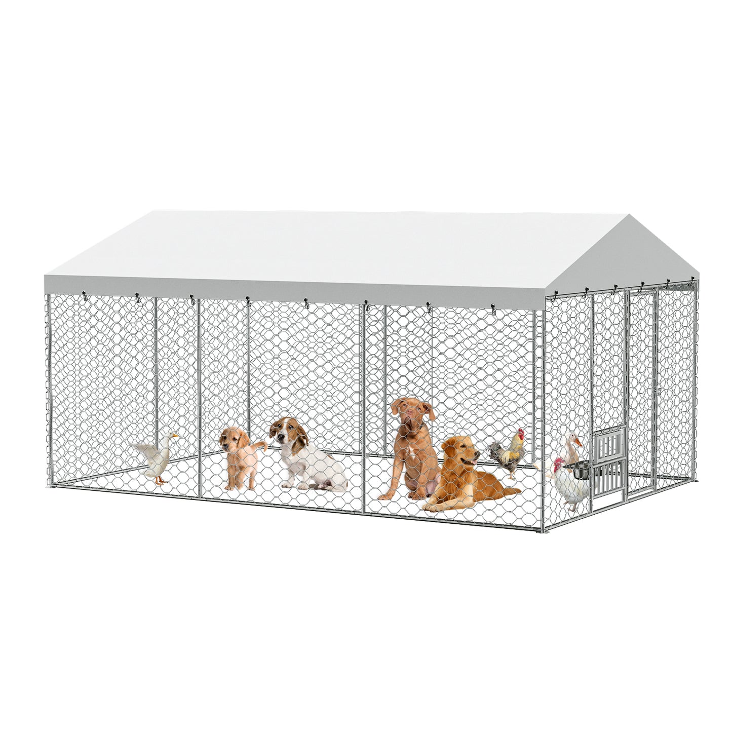 Large Outdoor Dog Kennel with Canopy, Galvanized Steel Frame, Waterproof Cover & Elevated Feeders