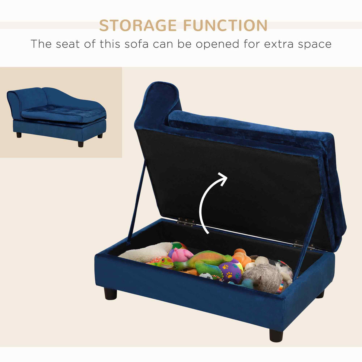 Small Dog Bed with Hidden Storage - Modern Pet Sofa with Soft Foam & Blue Finish
