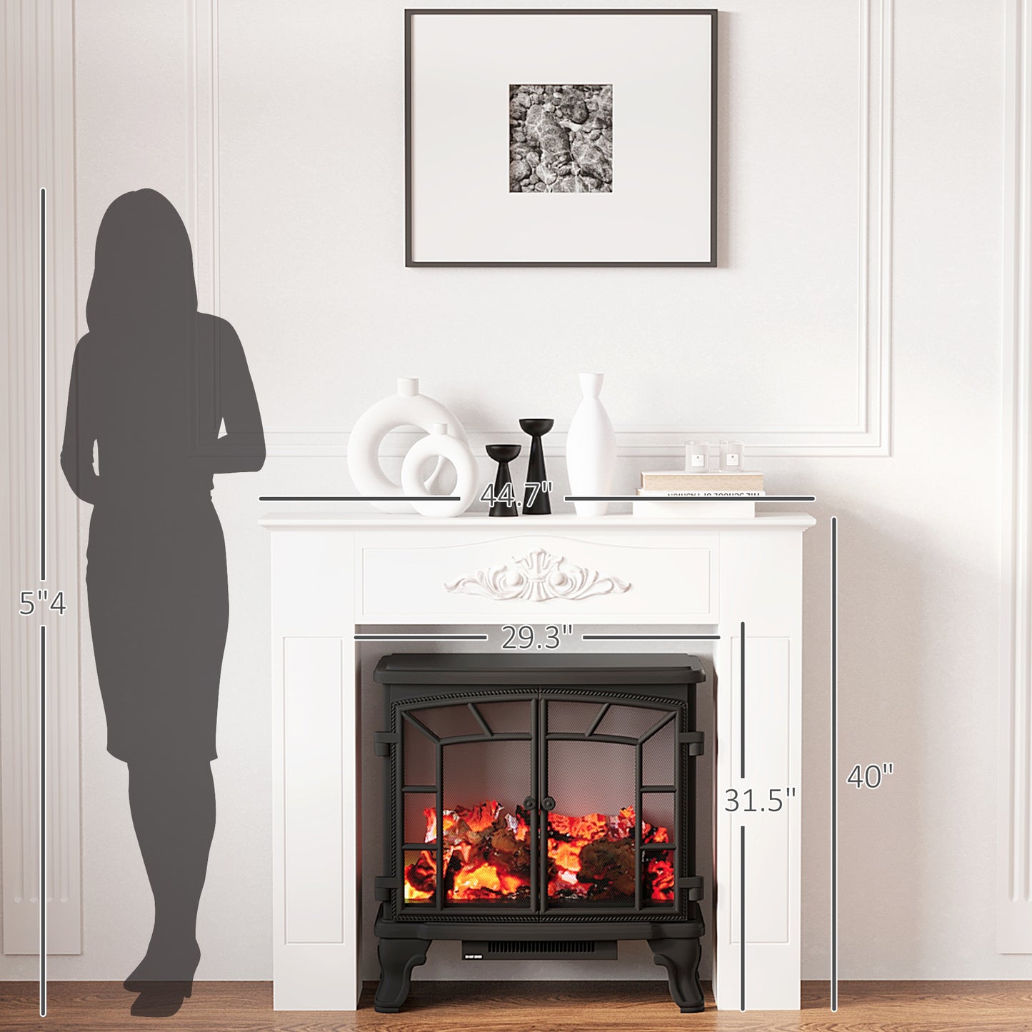 Freestanding Fireplace Surround with Leg - Modern White Mantel for Electric Fireplaces, 44.7" W x 40" H