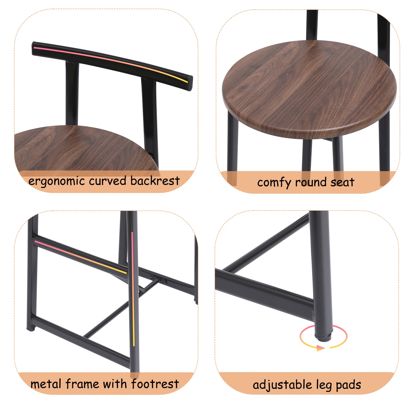 Bar Stool Set of 3 - Counter Height Armless Dining Chairs - Walnut Brown