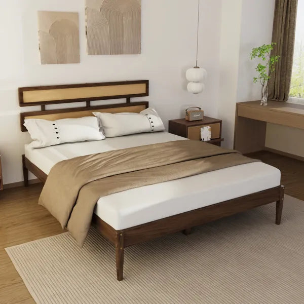 Queen Size Rattan Woven Headboard - Bohemian Style, Dark Walnut