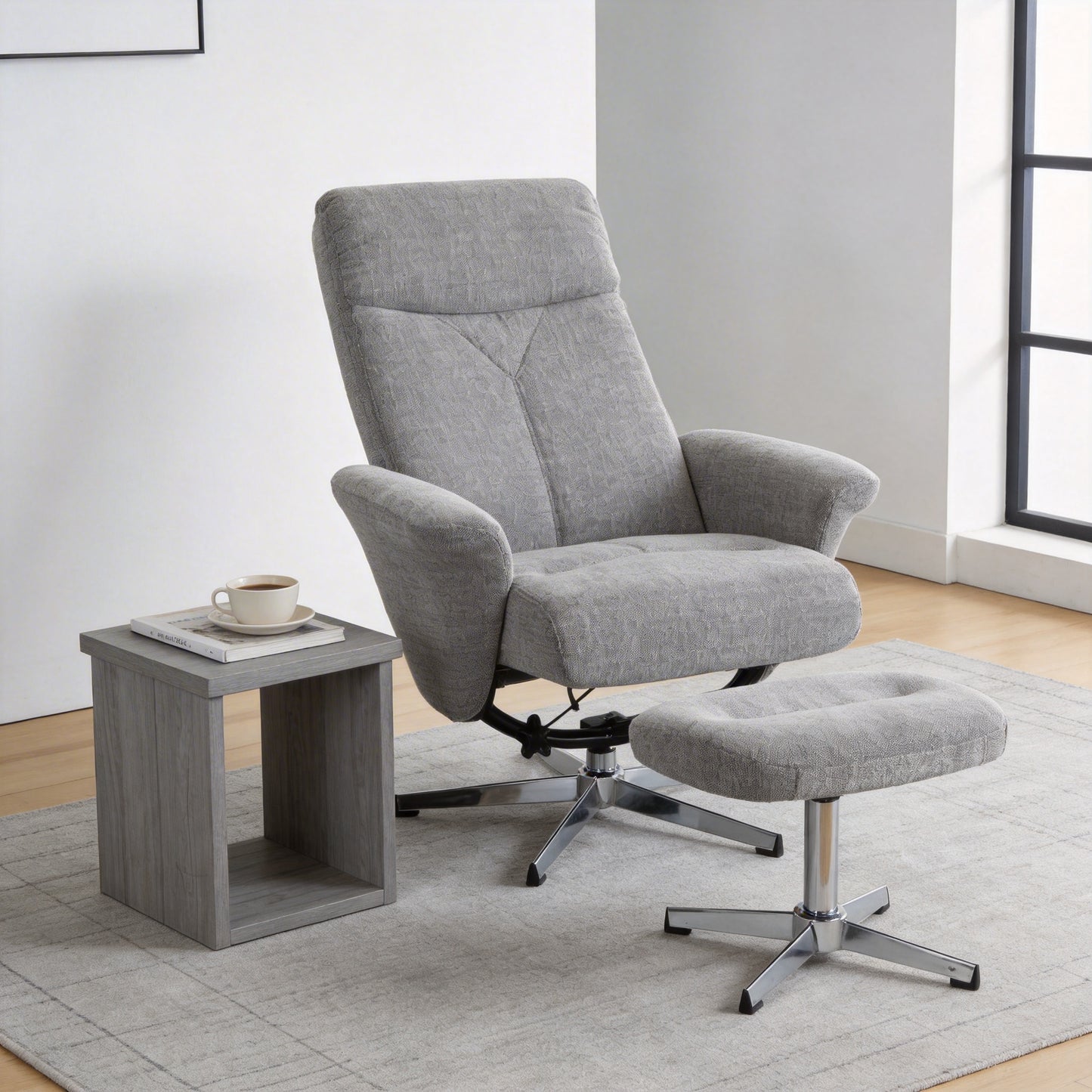 Light Grey Chenille Swivel Recliner Chair with Ottoman - Ergonomic