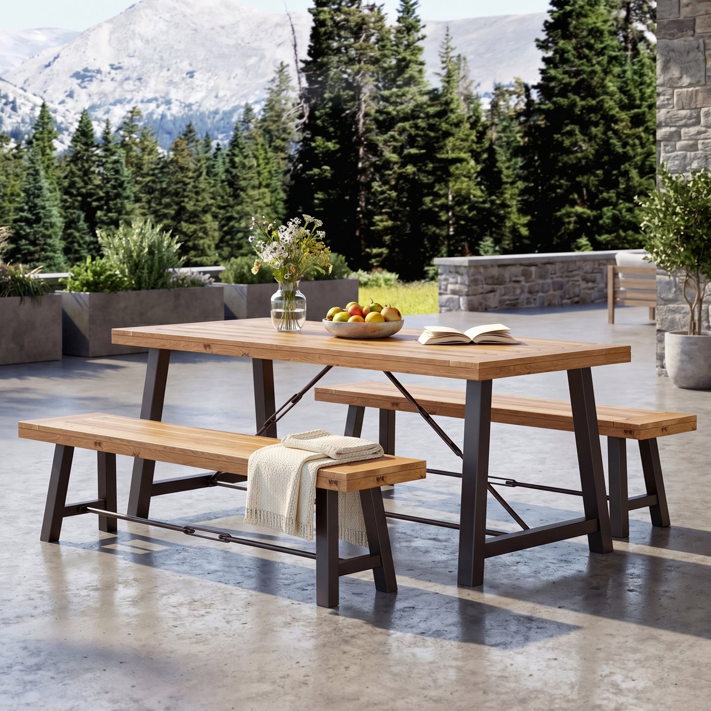 Outdoor 3-Piece Acacia Wood Dining Set - Black Teak Finish
