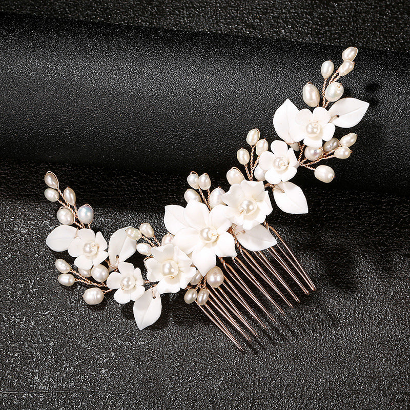 Ceramic Flower Bridal Hair Comb - Gold
