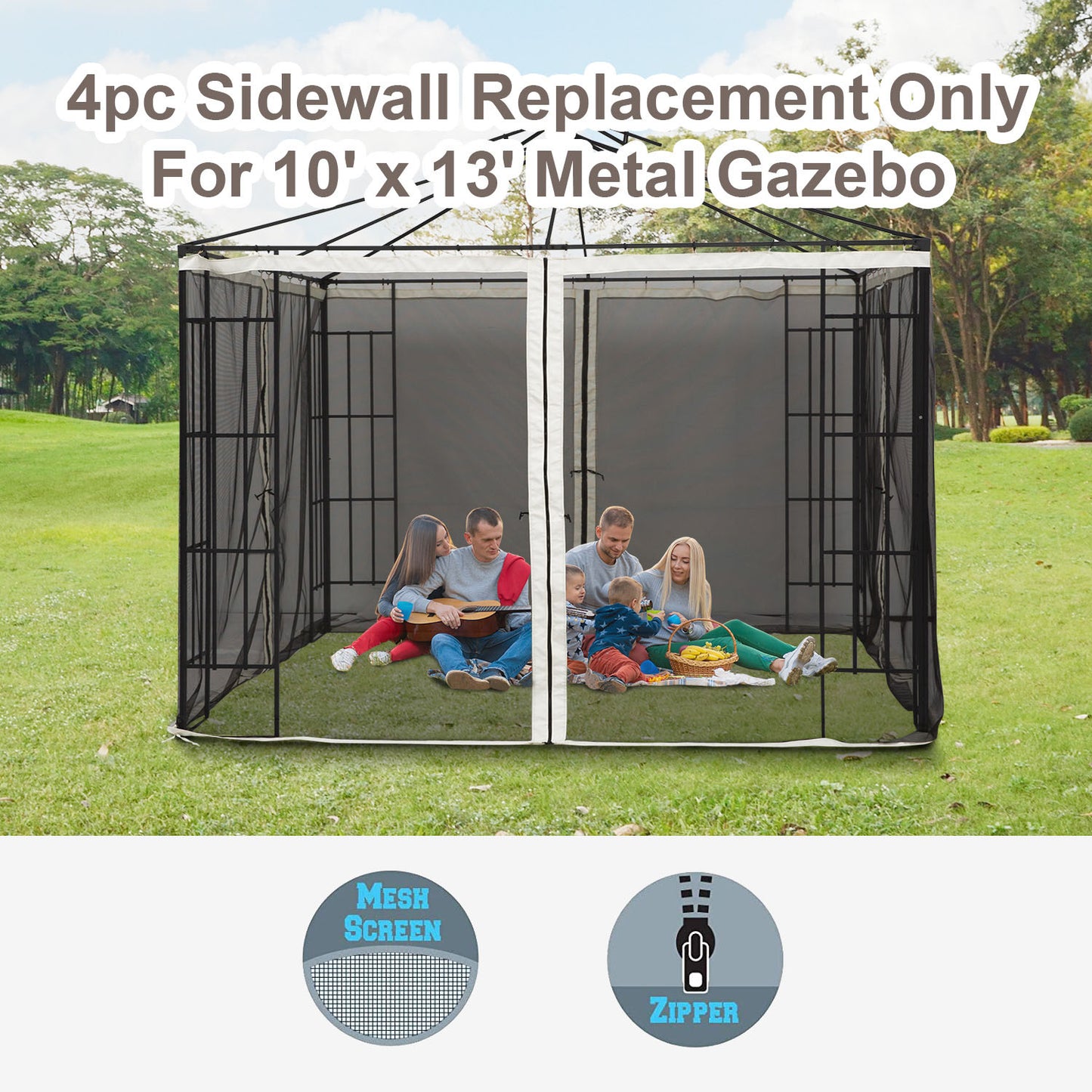 9.8' x 13.1' Gazebo Netting Replacement - Black Polyester