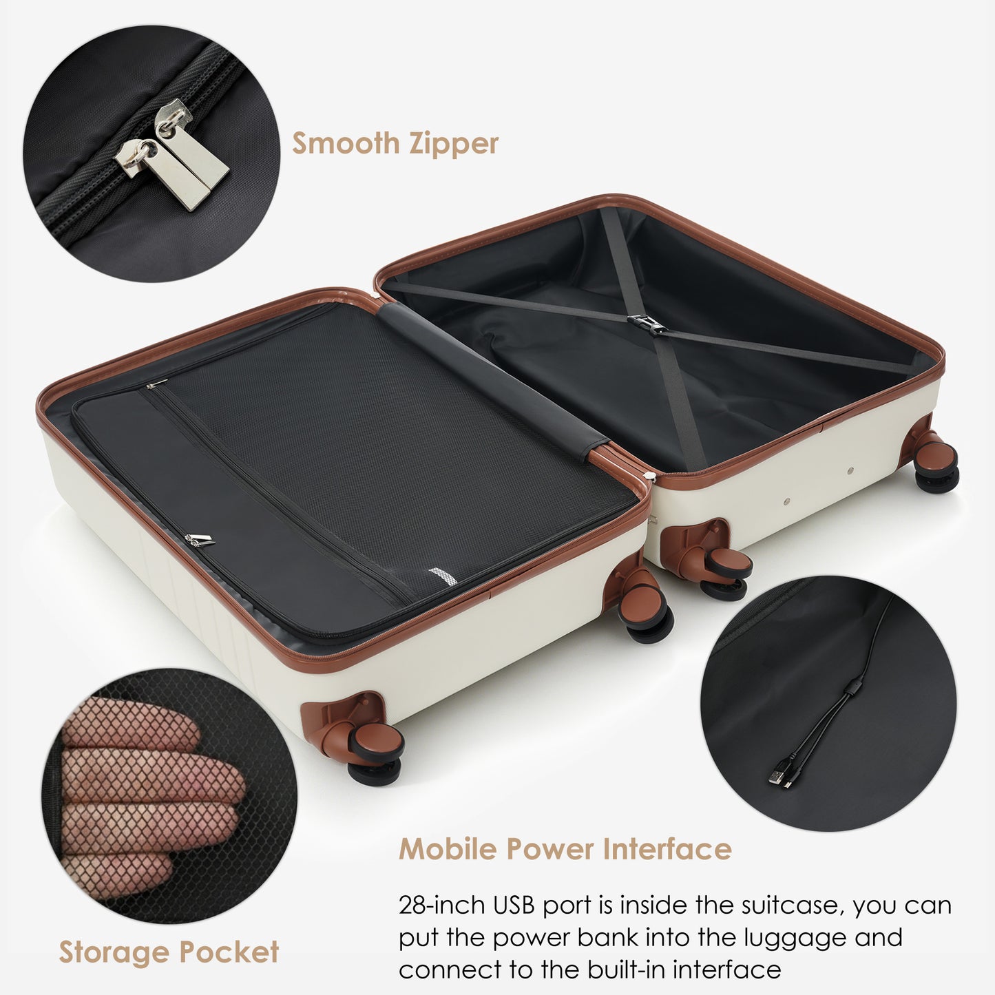4-Piece Luggage Set with USB Charging Ports - Ivory