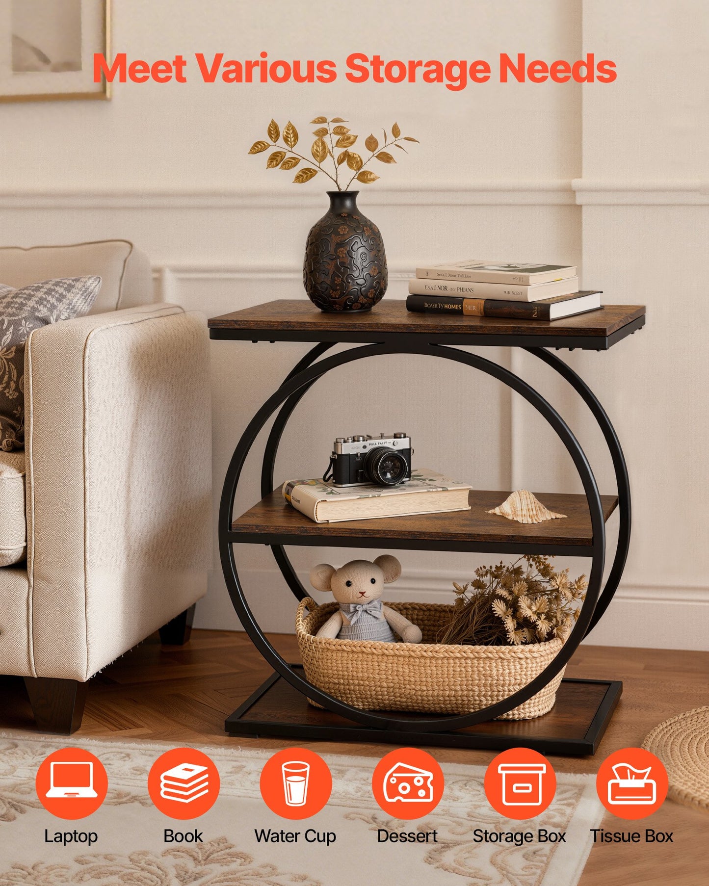 3-Tier Narrow End Table with Open Shelves - Rustic Brown, Modern Nightstand