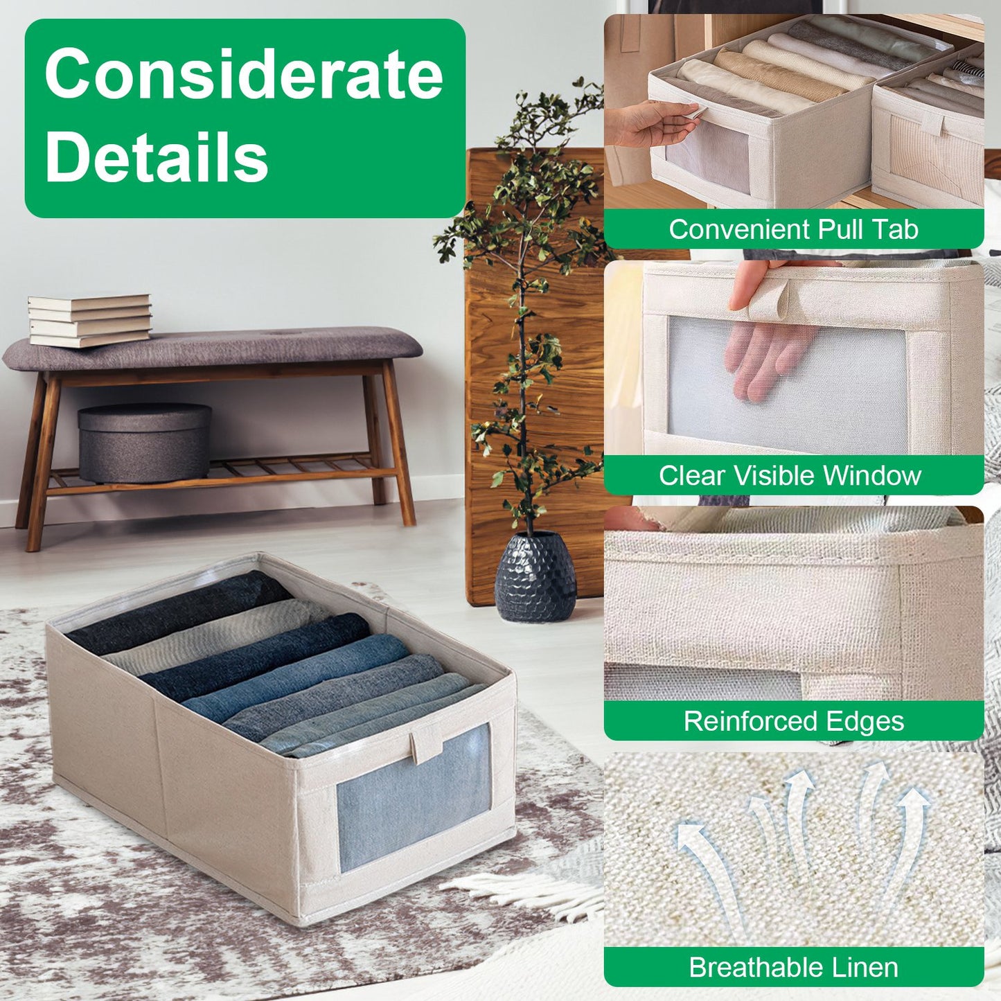 4Pcs Foldable Linen Clothing Storage Bin With Visible Clear Window