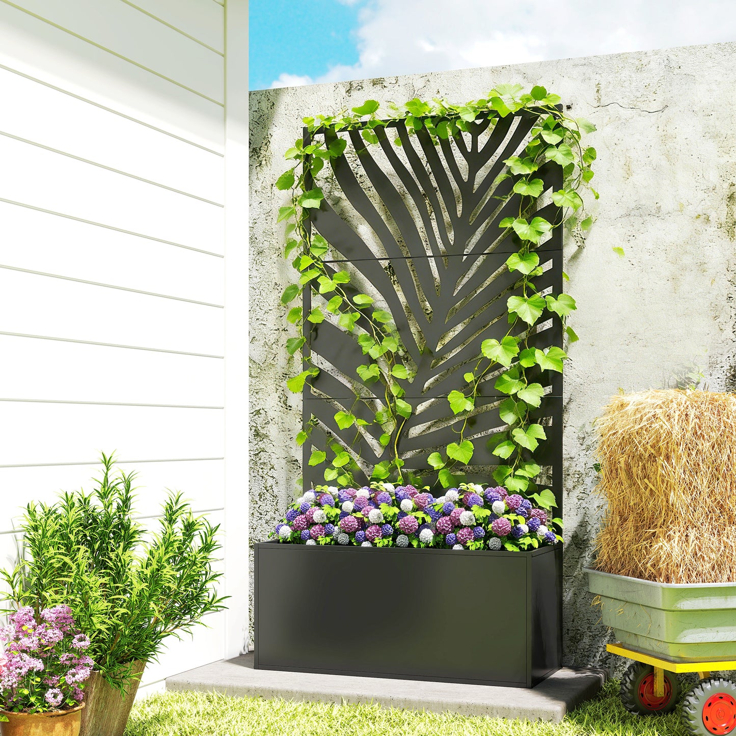 Large Metal Planter Box with Trellis for Climbing Plants - Outdoor Garden Bed