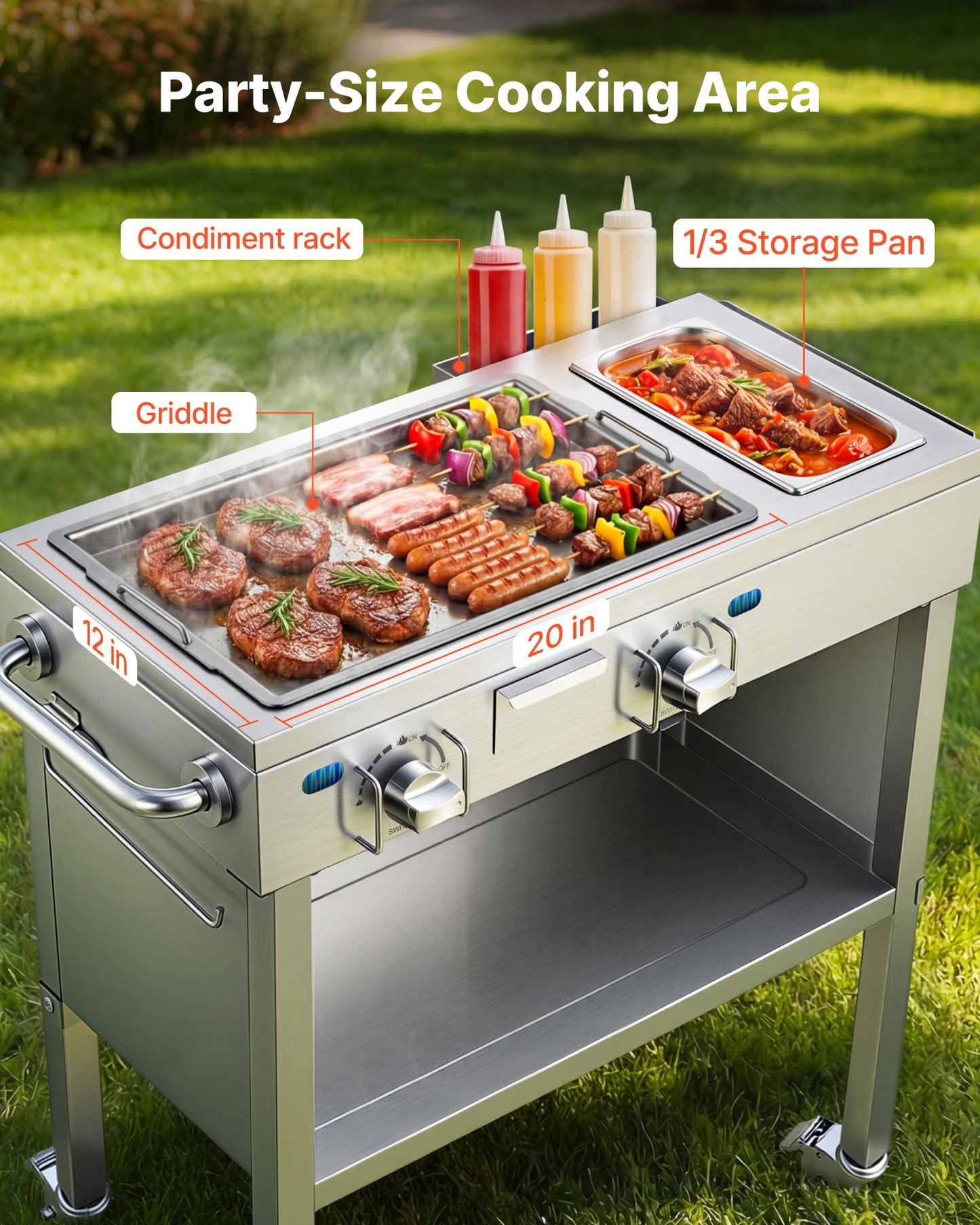 Outdoor Propane Gas Griddle with 2 Burners, Stainless Steel Cart, Lockable Wheels