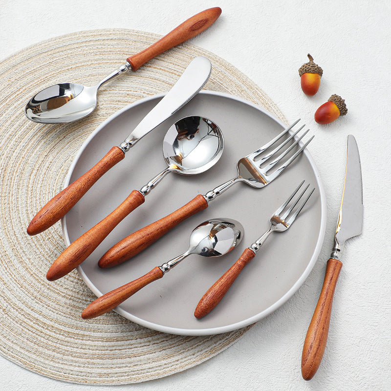 Stainless Steel Cutlery Set with Wooden Handles - Forks Spoons Knives