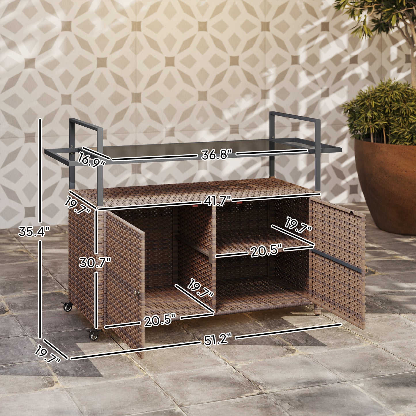 Outdoor Bar Cart with Glass Top & Storage Cabinet - Mixed Brown