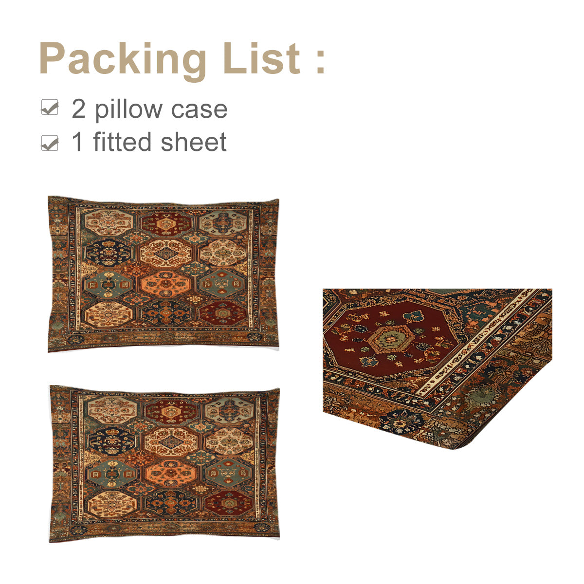 3-Piece Retro Bohemian Bedding Set - Fitted Sheet & Pillowcases