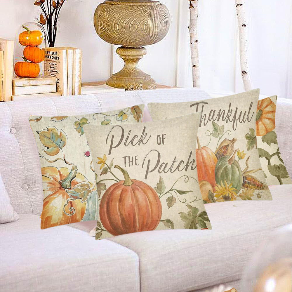 Thanksgiving Fall Throw Pillow Covers - 18x18in, Set of 4 Watercolor