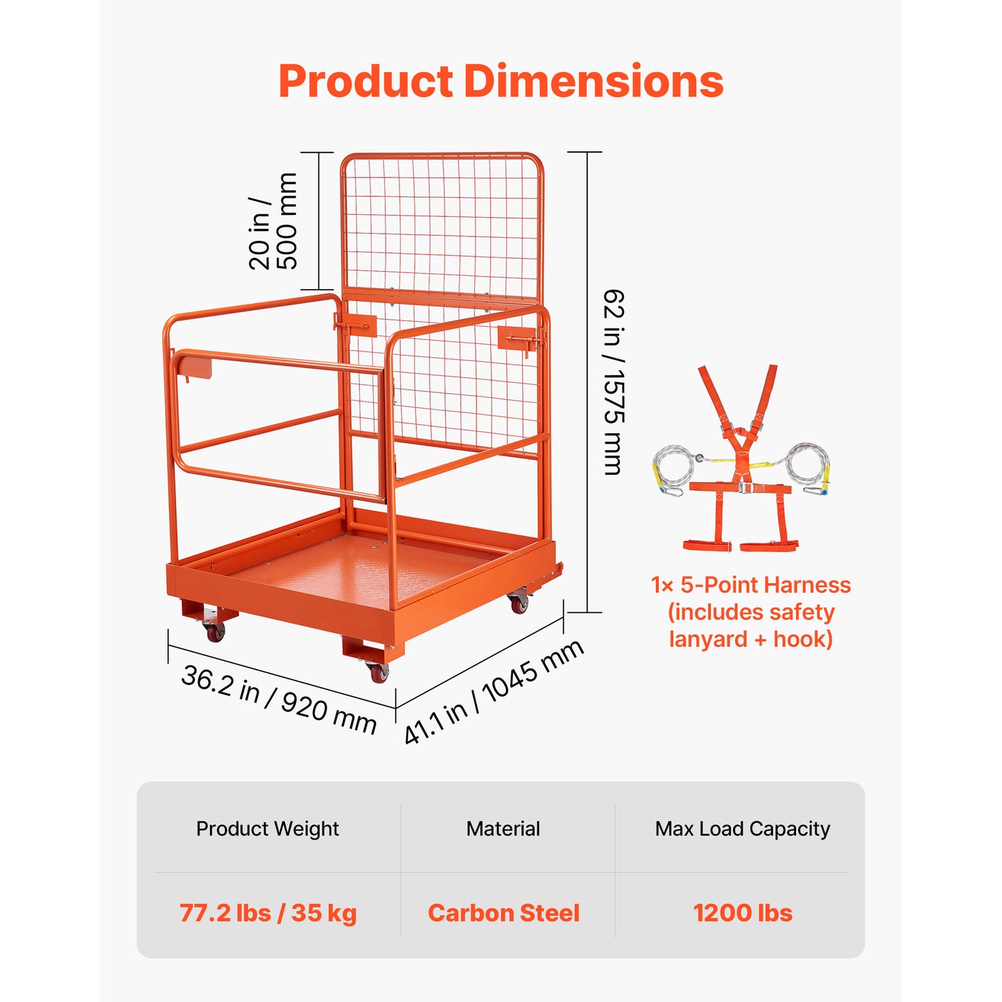 Forklift Safety Cage 36.2 x 41.1 Inch Heavy Duty Work Platform with 4 Wheels
