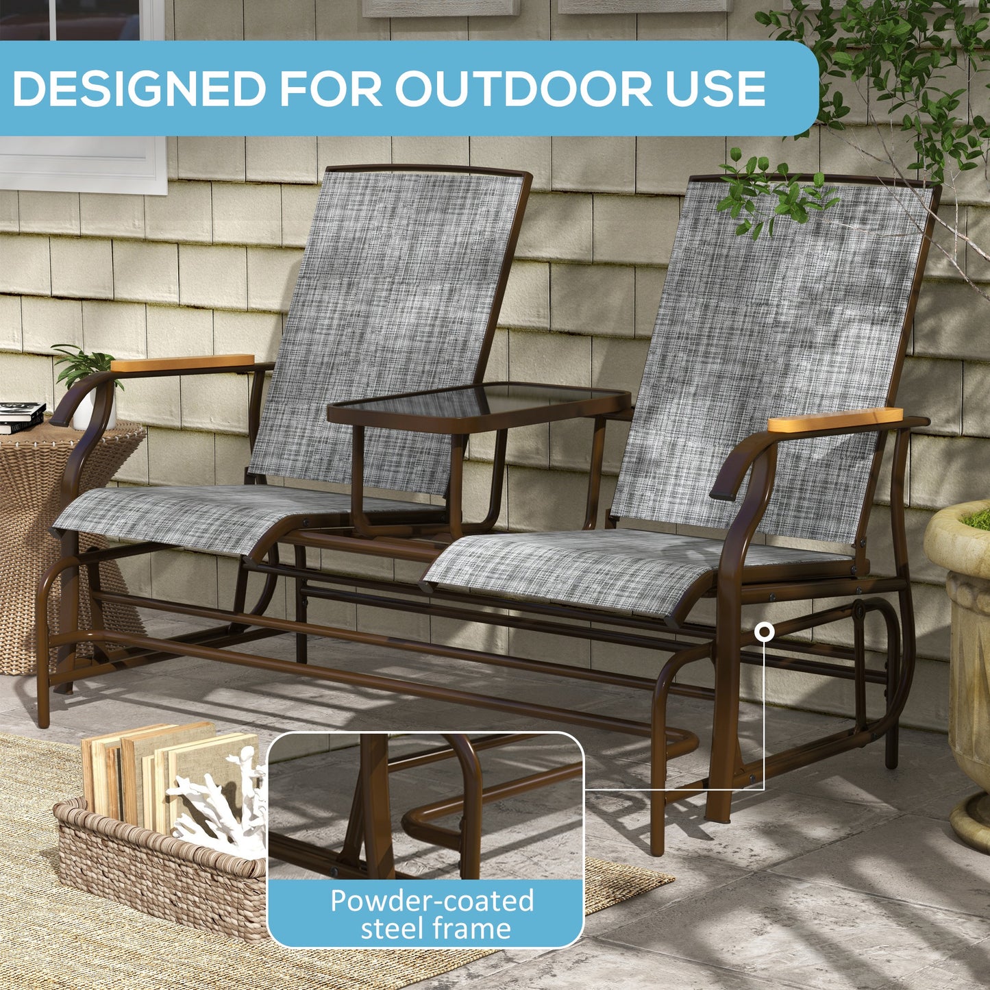 Outdoor 2-Person Glider Bench with Table - Gray Steel Frame