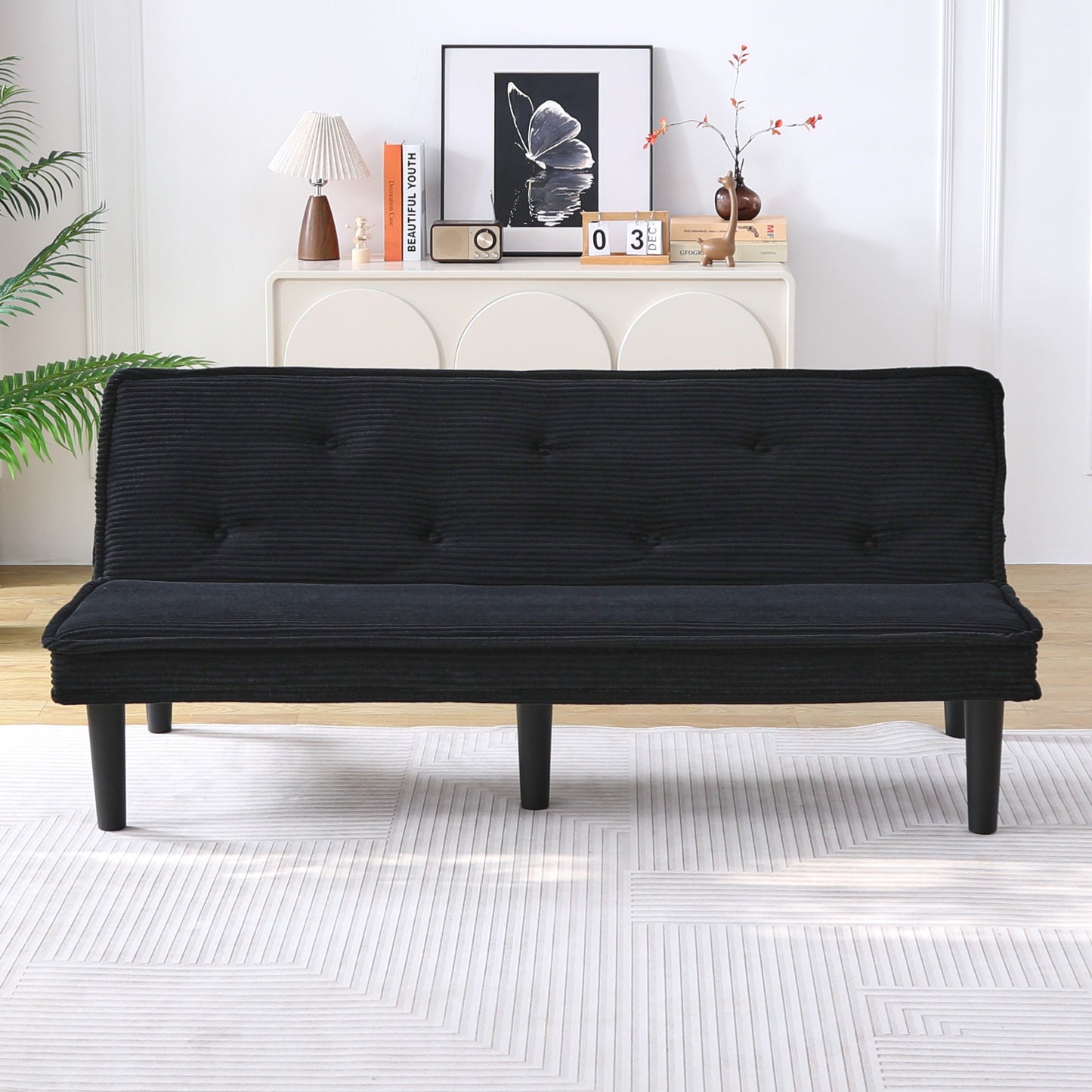 66-Inch Black Corduroy Sofa Bed - Versatile & Comfortable Design
